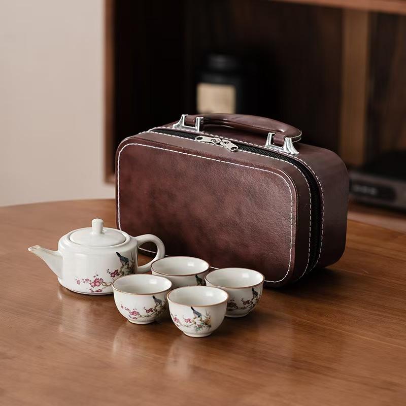 Ru Kiln Portable Ceramic Travel Tea Set One Pot Four Cups Kuaike Cup Storage Bag Outdoor Household Souvenir