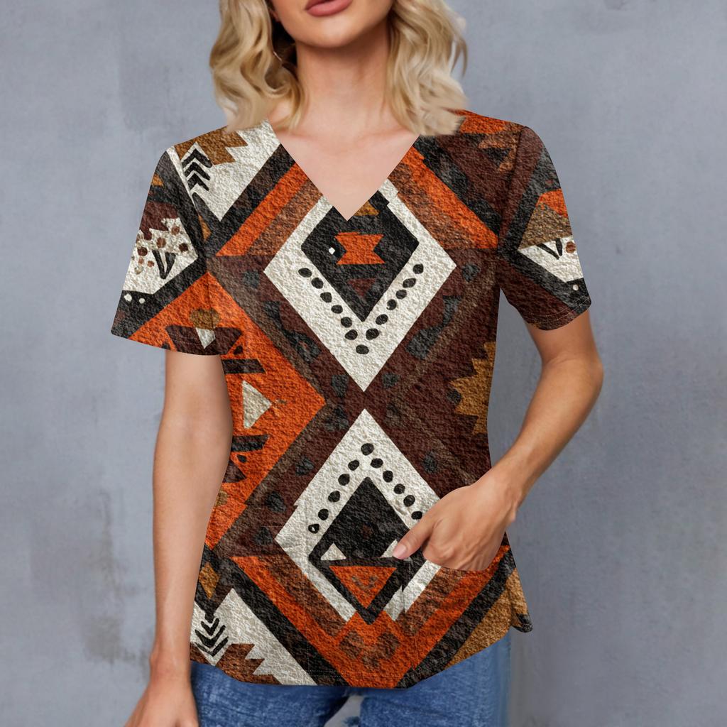 Women's Retro Printed V-Neck Double Pocket Short Sleeves Hem Slit  Uniform Caregiver Top