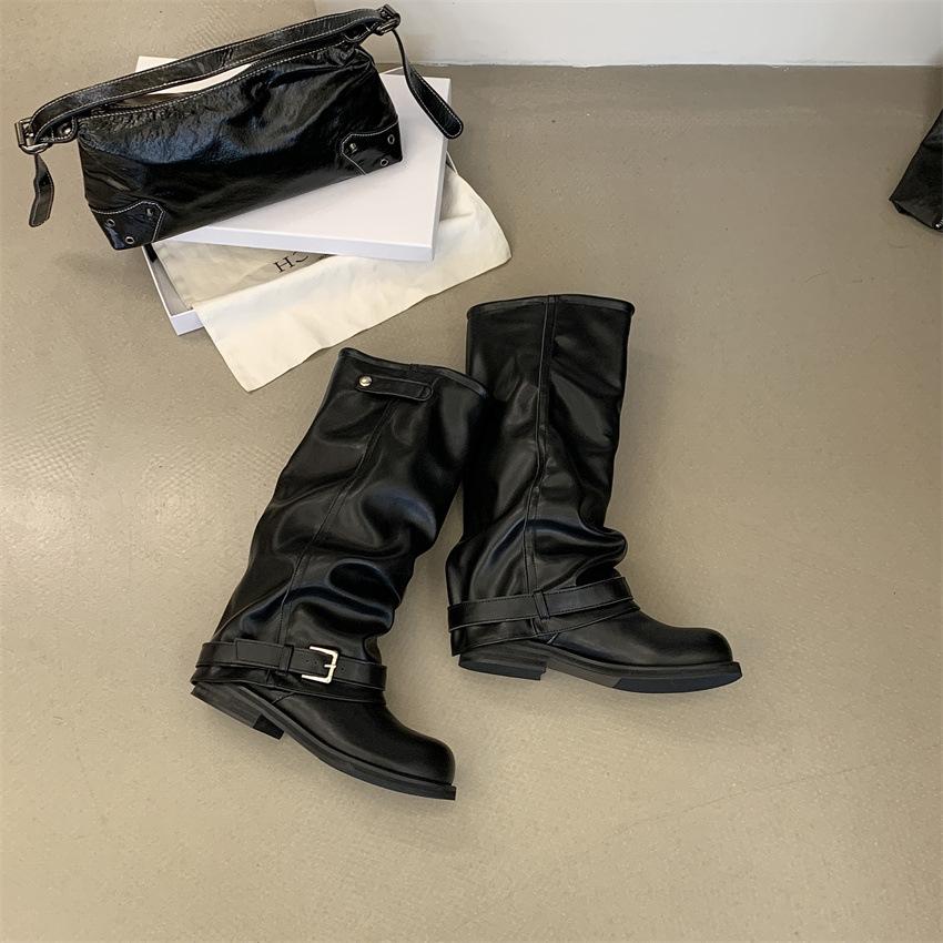 Polished Long Trouser Boots New Thick Heel Retro Spice Girl Western Cowboy Boots Black Pleated Pile Boots