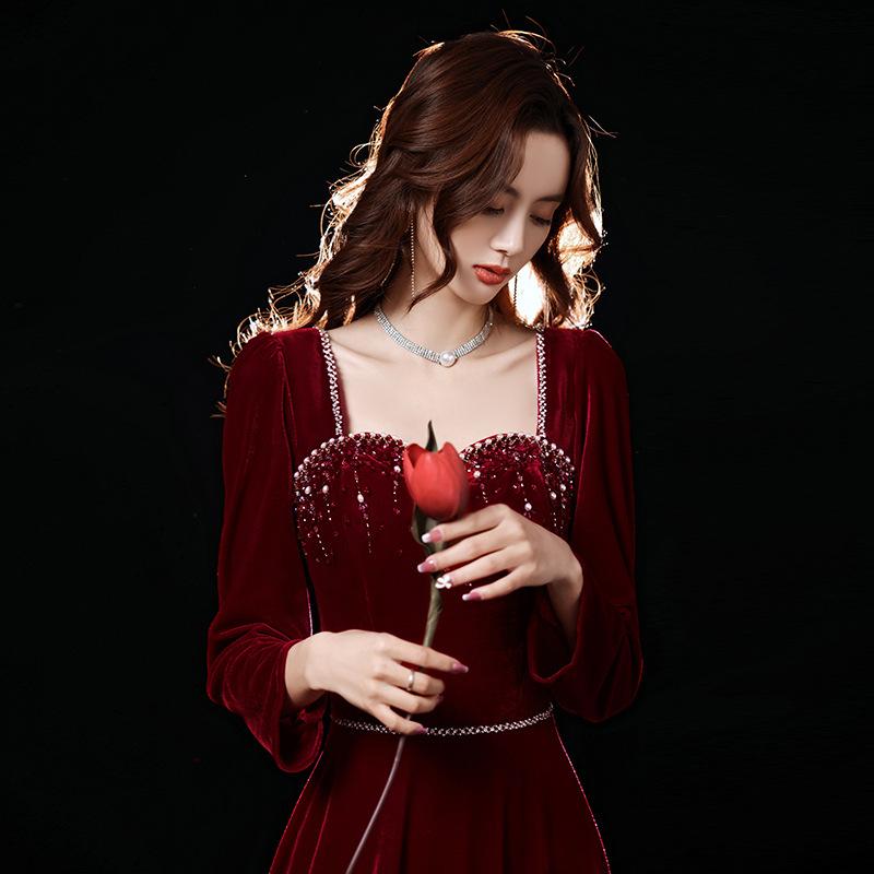 Toast Bridal Velvet 1011 New Skinny Long Sleeve Textured Burgundy Wedding Dress Women