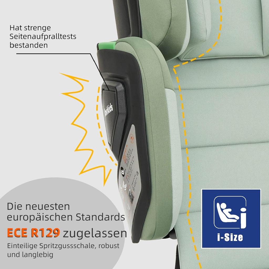 Jovikids Foldable Child Seat with ISOFIX, i-Size R129 Car Seats approx 3-12 Years (100-150cm), Booster Seat with Backrest, Suitable for Travel (Green)