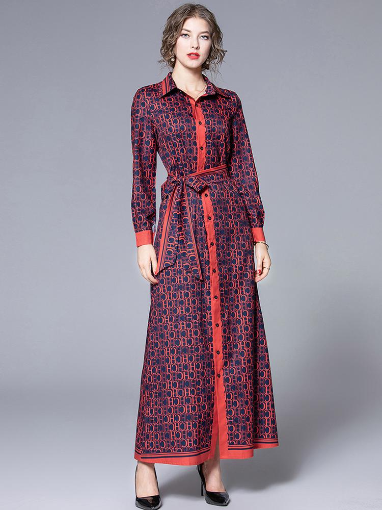 Vår Høst Motemerkedesigner Runway Letters Print Rød Vintage Maxikjole Kvinner Turn Down Krage Langermet belte Snøring Festkjoler