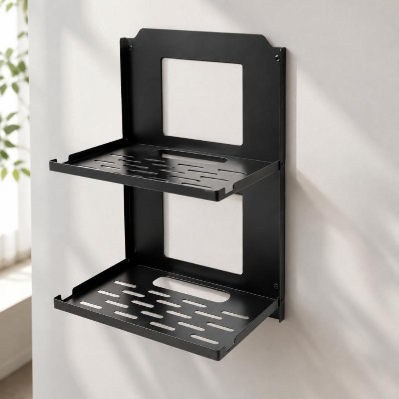 Folding Router Wall Shelf in Cold-Rolled Steel with Two Storage Levels and Cable Routing for Home Internet Devices