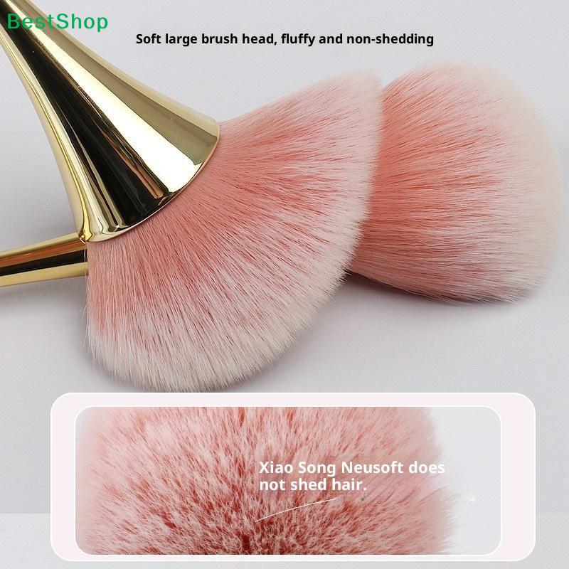 Large Fluffy Pink Powder Makeup Brush,Gold Curved Handle Loose Powder Brush for Blush, Highlighter & Setting Powder