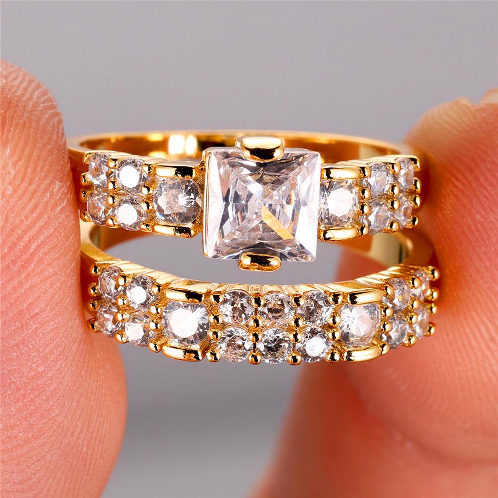 2pcs Female Gold Color White Zircon Stone Square Ring Set Vintage Gold Color Bridal Wedding Bands Party For Women