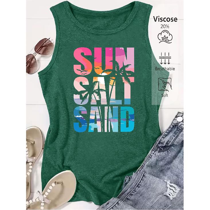 2026 Trendy SUN SALT SAND Beach Sunset Print Women Sleeveless Vest High Quality Casual Summer Tank Top