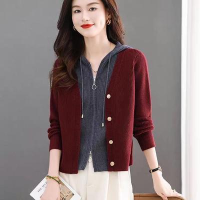 Kurze Kapuzen-Strickjacke für Damen für Herbst und Winter Neuer Strickcardigan Fake-Zweiteiler-Oberteil