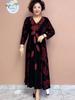 Autumn Women's V-Neck Velvet Dress Plus Size Loose Printed Long Dress