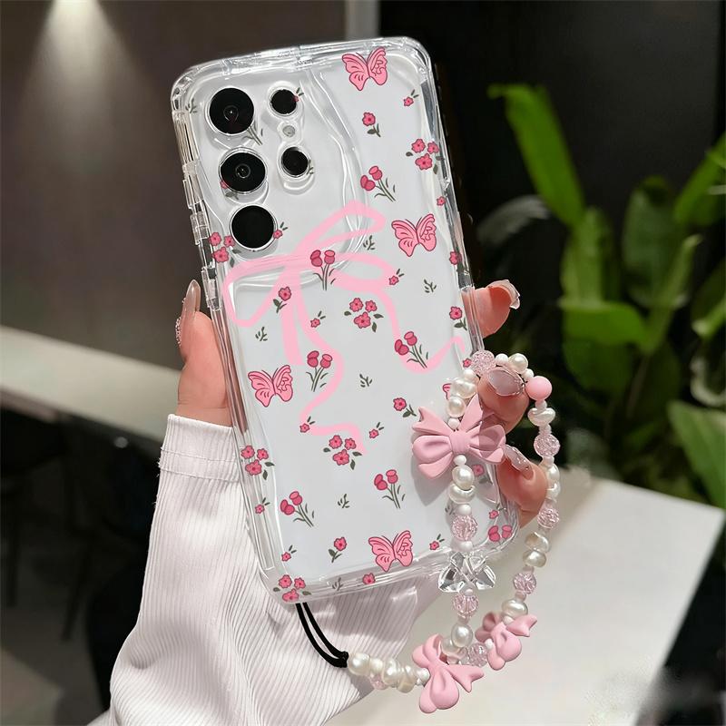 Case For Vivo V60 V40 V50 Lite Y31 5G Y33S Y21S Y28 4G Y17S Y04 Y03 Y29S Y28S Y18 Y400 Pink Bowknot Wrist Chain Cover