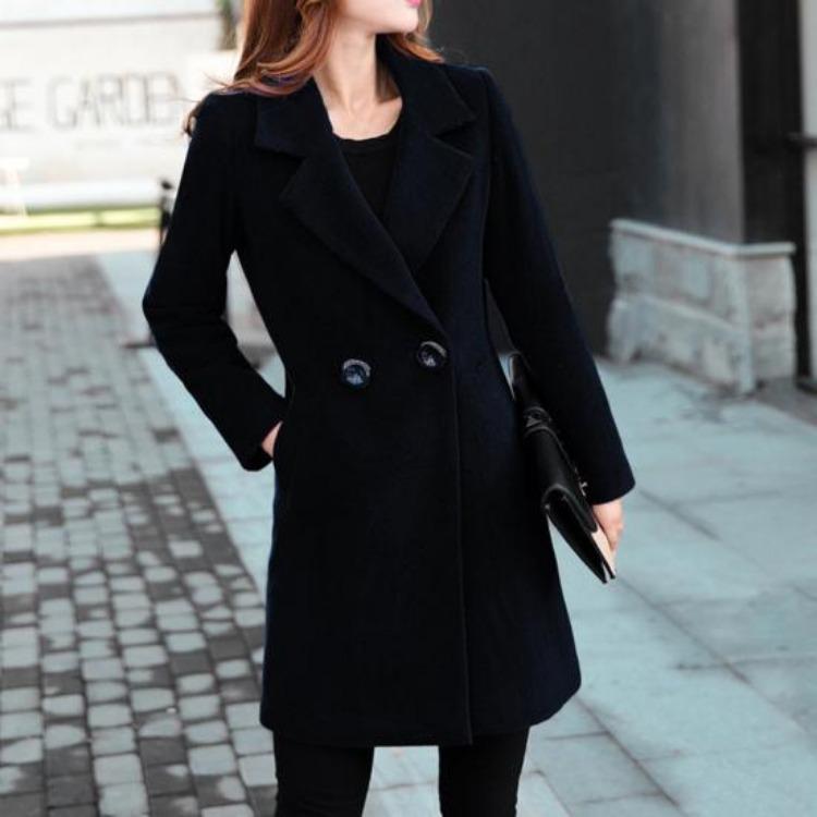 Dames Winterjas Koreaanse Stijl Herfst Grote Maten Warm Dubbele Knopen Dikke Kraag Lange Mouwen Effen Kleur Damesjas