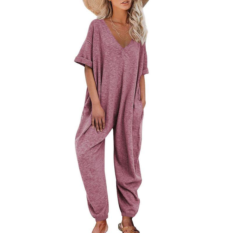 Solid Color V-neck Long Pants Jumpsuit Women Solid V-neck Trousers Jumpsuit