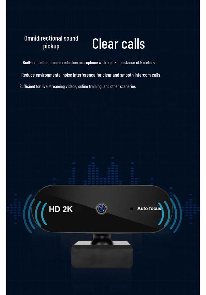 2K USB HD Computer Camera with 1080P Live Streaming, Driver-Free.