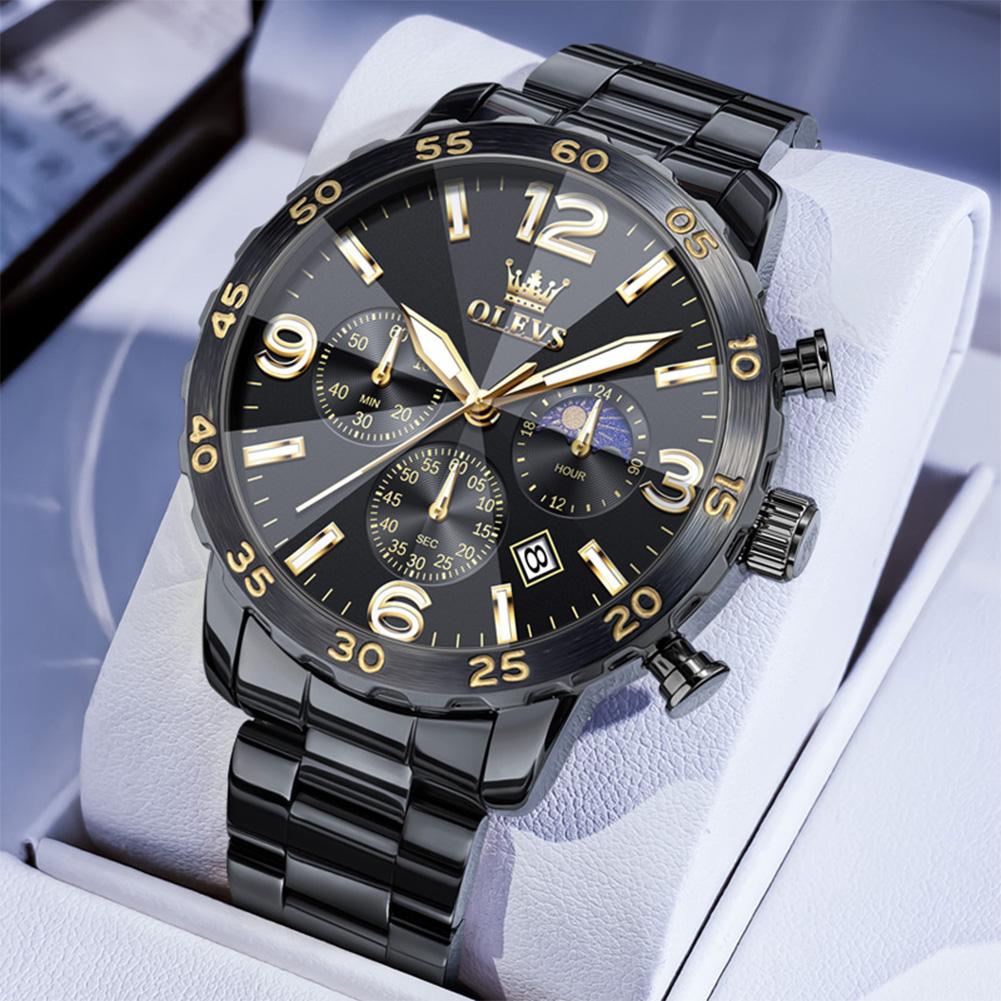 OLEVS Sports Black Stainless Steel Men Watch Moon Phase Luxury Night Glow Calendar Quartz Fashion Watch reloj hombre