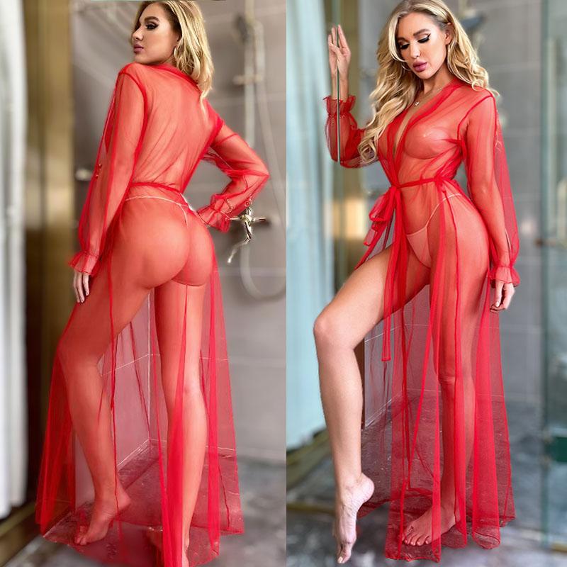 Romance Sheer Long Dress Woman Sexy Lingerie Erotic Floral Sleepwear Fancy Lace Pajamas Porn Outfits See-through Sexy Set
