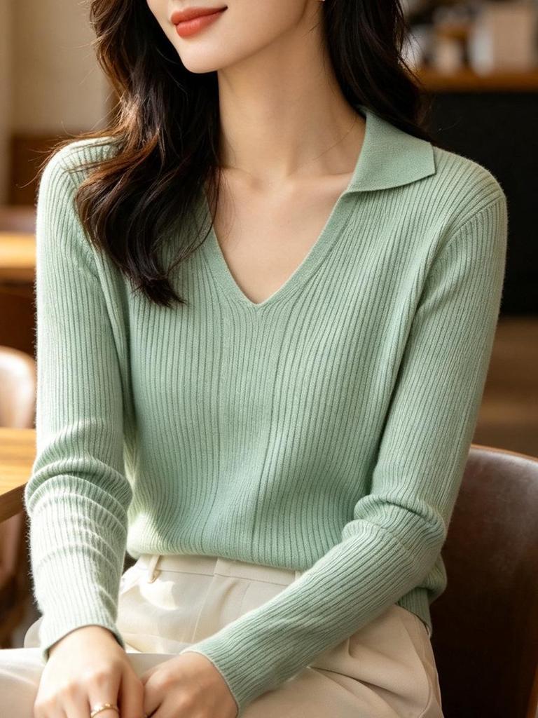 Women's Autumn Winter Polo Collar Knit Sweater Pullover