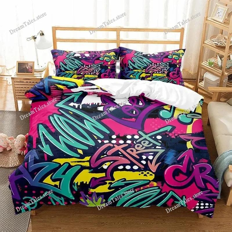 Graffiti Duvet Cover Set Cute Hip Hop Style Polyester Comforter Cover with Pillowcase Queen Full Size for Kid Teen Bedding Set