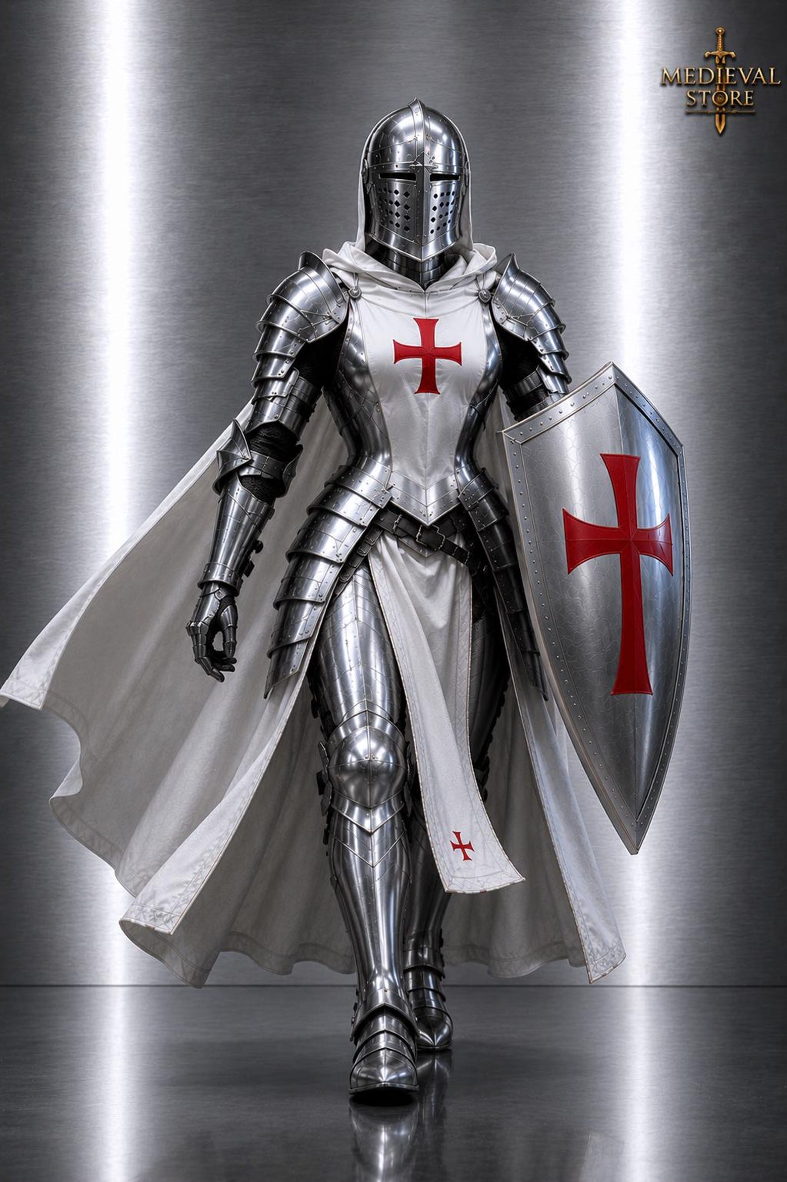 Women s Medieval Knight Costume Armor Set with Shield LARP Cosplay Renaissance M,L,XL,XXL серебряный