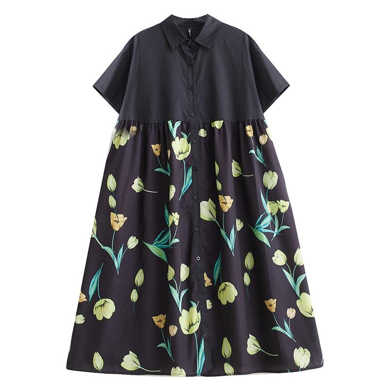 

Новое хлопковое платье больших размеров с коротким рукавом и цветочным принтом для женщин, повседневное свободное длинное летнее платье-рубашка чёрный