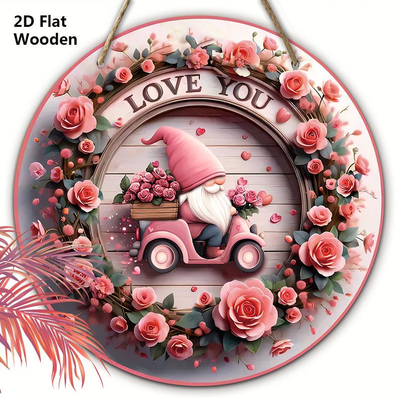 

Розовая деревянная табличка с очаровательным гномом и цветочным узором - Круглая табличка на День святого Валентина для входной двери, настенный декор - Идеальный подарок для пары 20cm/7.87in розовый