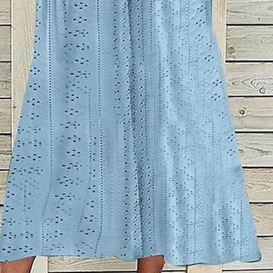 Women Summer Dress Solid Color Hollow Out Short Sleeves V Neck Buttons Dating Lace Up Pockets A-line Lady Midi Dress Female Clothes