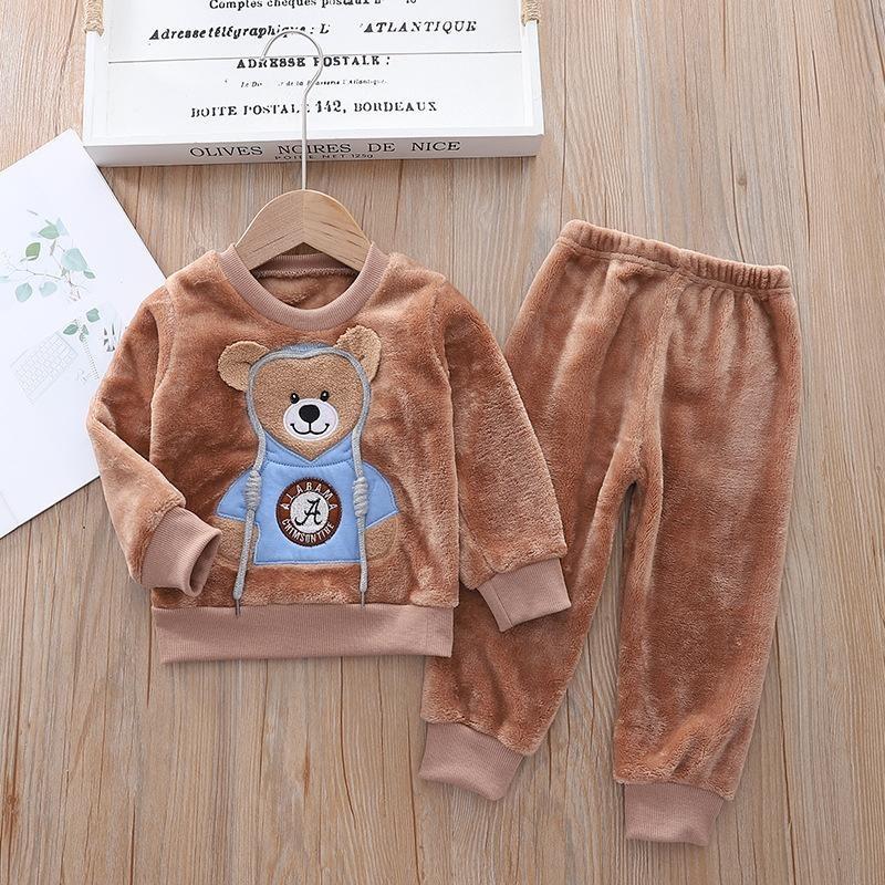 Småbarn Baby Gutter Klær Høst Vinter Barn Flanell Pyjamassett Tykk Varm Genser Tegneserie Søt bjørn Todelt Jentedress Joggedress