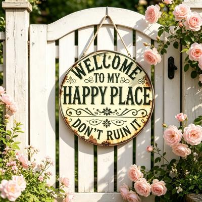 Benvenuti nel Mio Posto Felice Cartello da Parete in Metallo Vintage Rustico Rotondo Targhetta da Appendere per Porta per Interni Esterni Casa Ufficio Caffetteria Decorazione Giardino