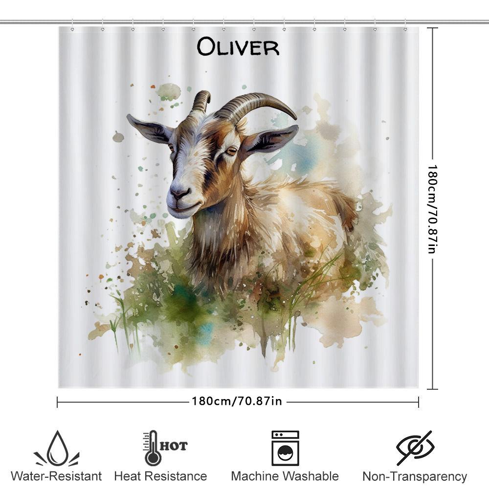 Customizable Art Print Goat Shower Curtain Bathroom Decor Olive Green Watercolor Painting Animal Home Decoration 18