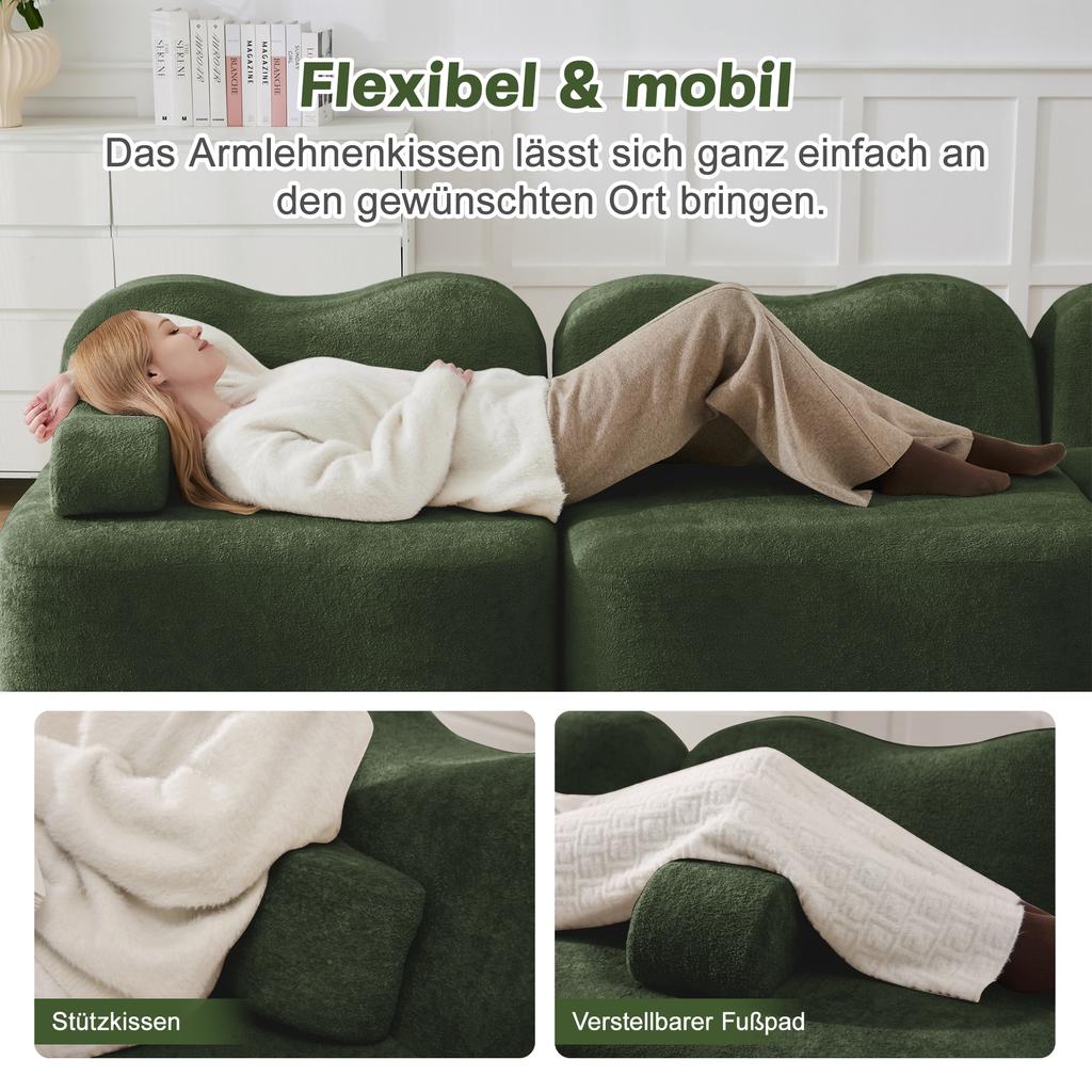 2-Sitzer L-förmiges Modulares Knochenloses Sofa mit 1 Hocker, Wellenform, Bewegliches Armlehnenkissen, für Wohnzimmer & Wohnung, Keine Montage Erforderlich, Grün