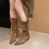 Large Size Women's Shoes 41 To 42 Fat Mm Thick Legs Brown Boots Autumn Western Cowboy Boots Maillard Pile Short Boots Women