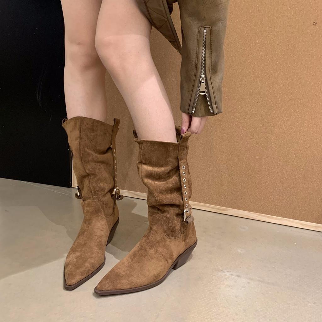 Large Size Women's Shoes 41 To 42 Fat Mm Thick Legs Brown Boots Autumn Western Cowboy Boots Maillard Pile Short Boots Women