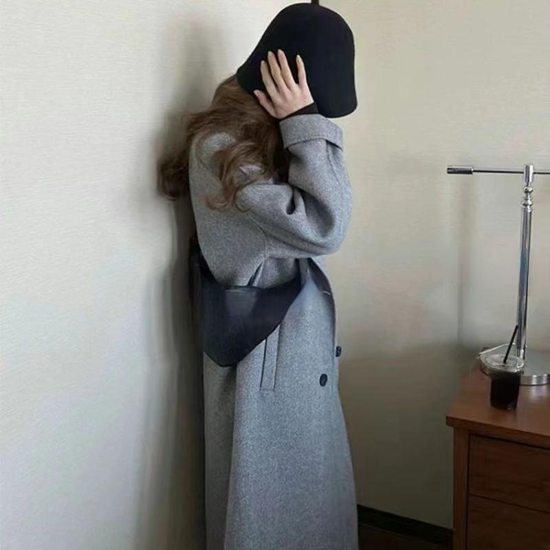 Cotvotee Loose Wool Coat Women Autumn Winter 2023 Fashion Turn Down Collar Long Sleeve Jacket Casual Double Breasted Long Coats