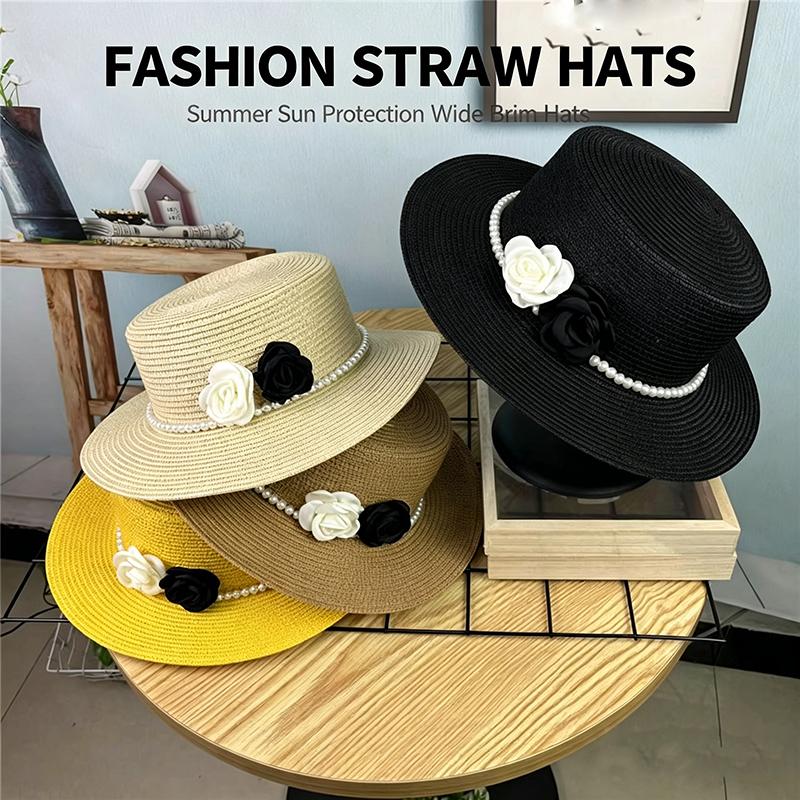 Freedom Outdoors Women's Black Elegant Boater Straw Hat With Pearl & Flower Decoration Summer Sun Protection Beach Hat 56-58Cm