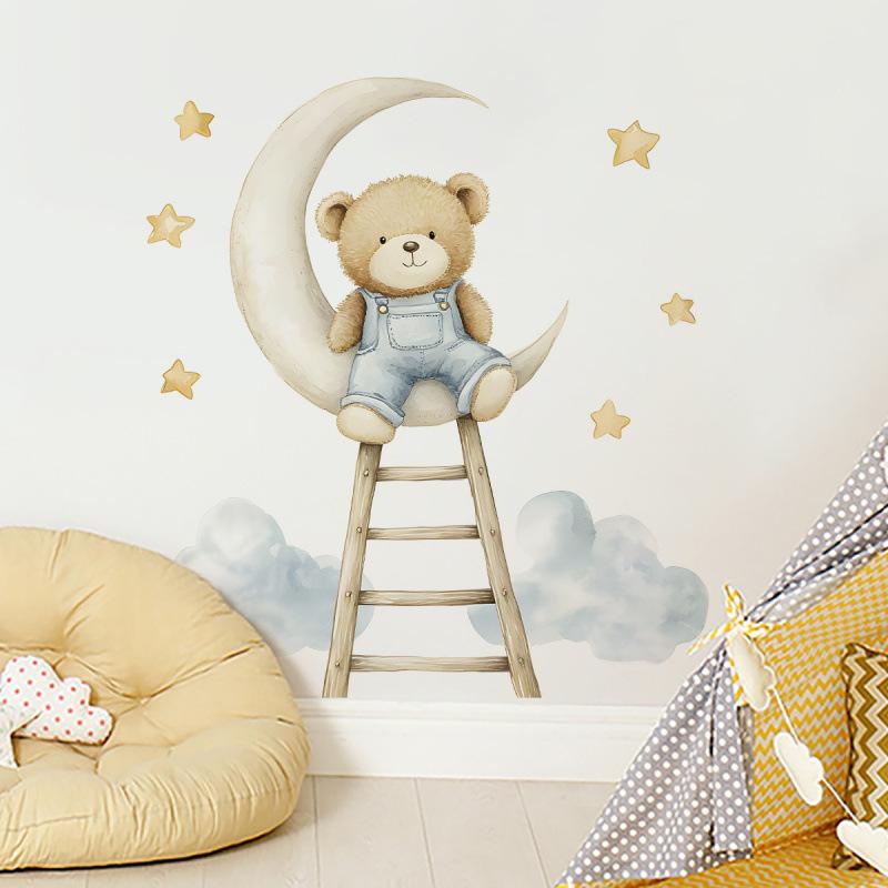Cartoon Bear Cloud Moon Staircase Wall Sticker Self Adhesive Home Decor for Kids Room Wall Decoration