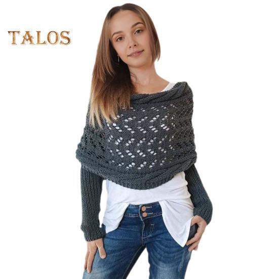 

Вязаный шарф-накидка с косами и рукавами, мягкий шарф-шаль в богемном стиле, ажурный узор для вязания крючком, шарф-накидка в виде свитера темно-серого