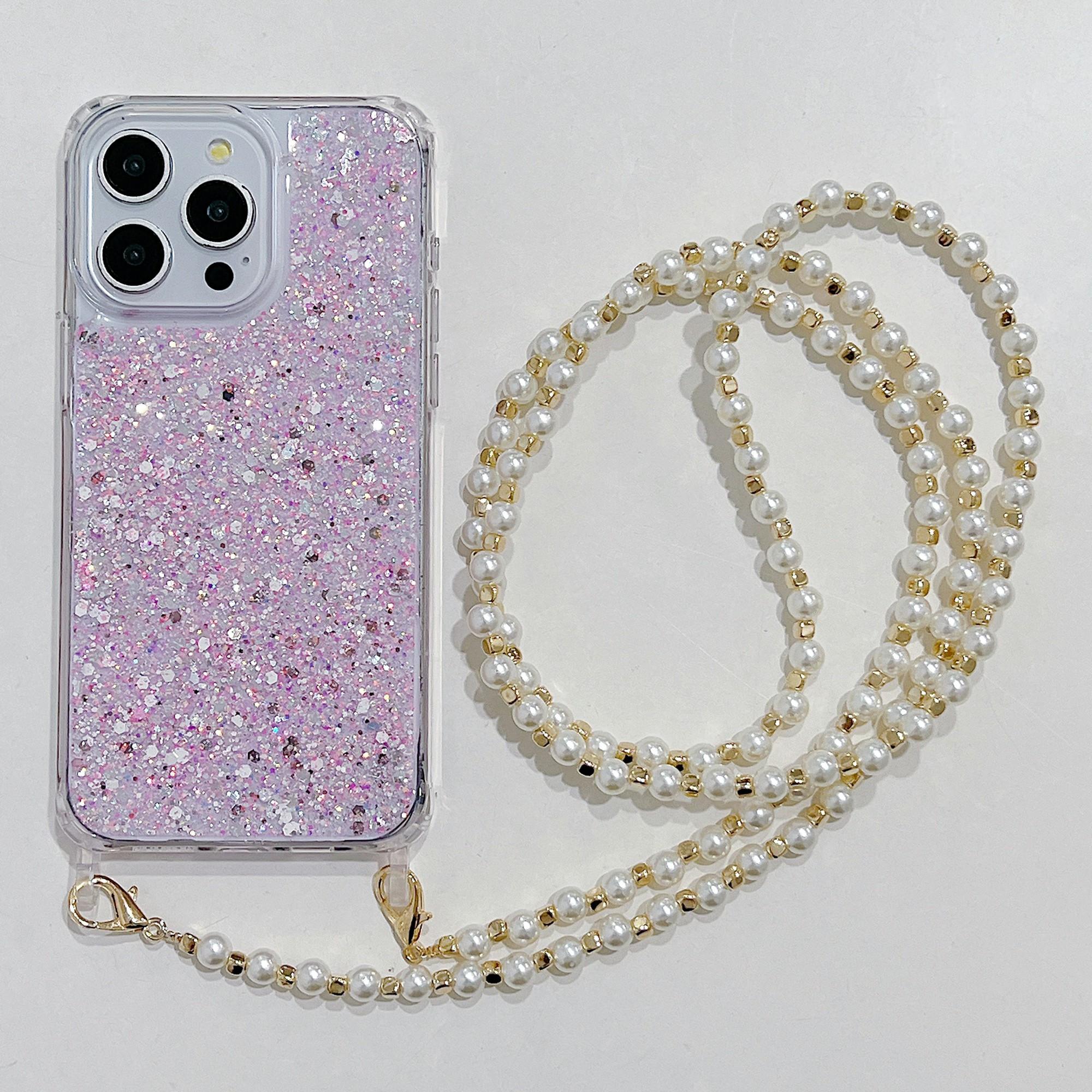 

Чехол для iPhone 15 Pro Max из блестящей пудры, акрила + TPU с ремешком из жемчужных бусин A