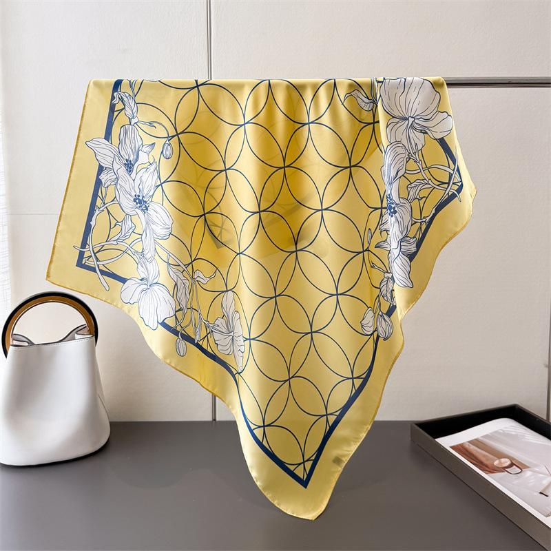 

Printed Imitation Silk Floral Plaid Silk Scarf Square Scarf High-End Shawl Versatile Neck Small Square Scarf Headscarf unilateral 66-70CM