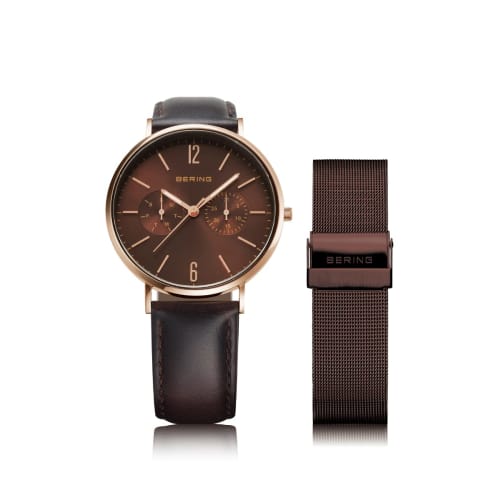

BERING Men s & Women s (Unisex) Watch, Japan Exclusive, Brown Calf Leather & Brown Stainless Steel with Two Mesh Straps, Rose Gold Sapphire Crystal, C