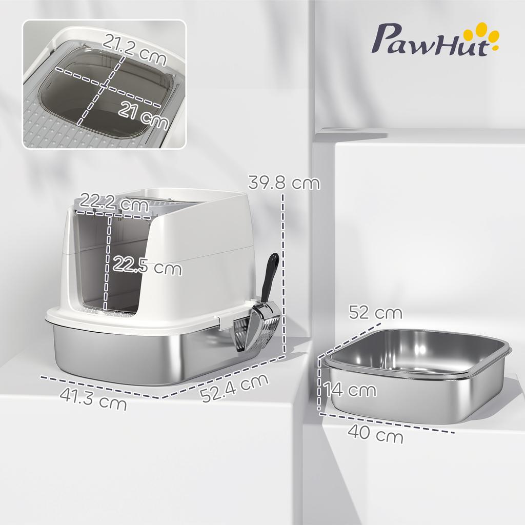 Enclosed Cat Litter Box with 2 Entrances, Deodorizer and Scoop, 52.4 X 41.3 X 39.8 Cm, White