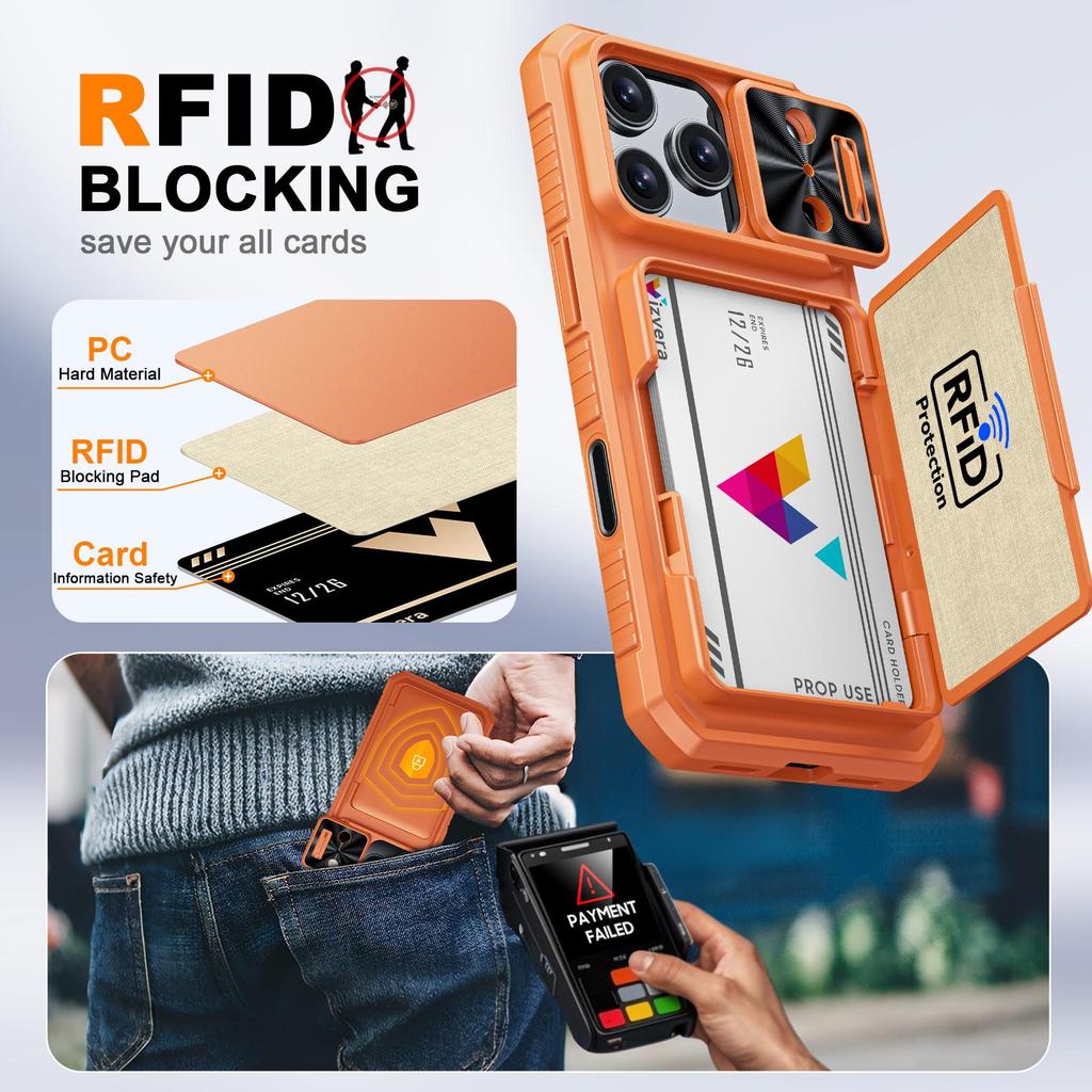Mit Kartenhalter, Schiebefach für die Kamera und Ständer für iPhone 17 Pro Handyhülle, Anti-Fall PC+TPU Wallet Case - Orange