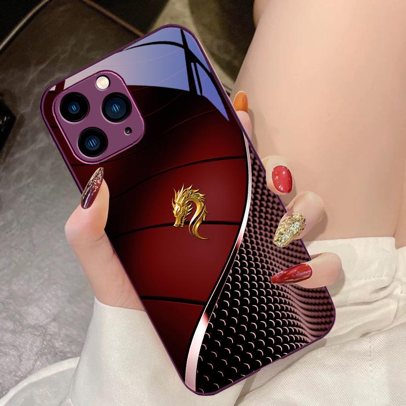 Black Tempered Glass phone case for iPhone 15 Pro 14 13 12 Mini 11 XS Max XR 7 8 Plu SE 2020 2022 Chinese Loong Powder