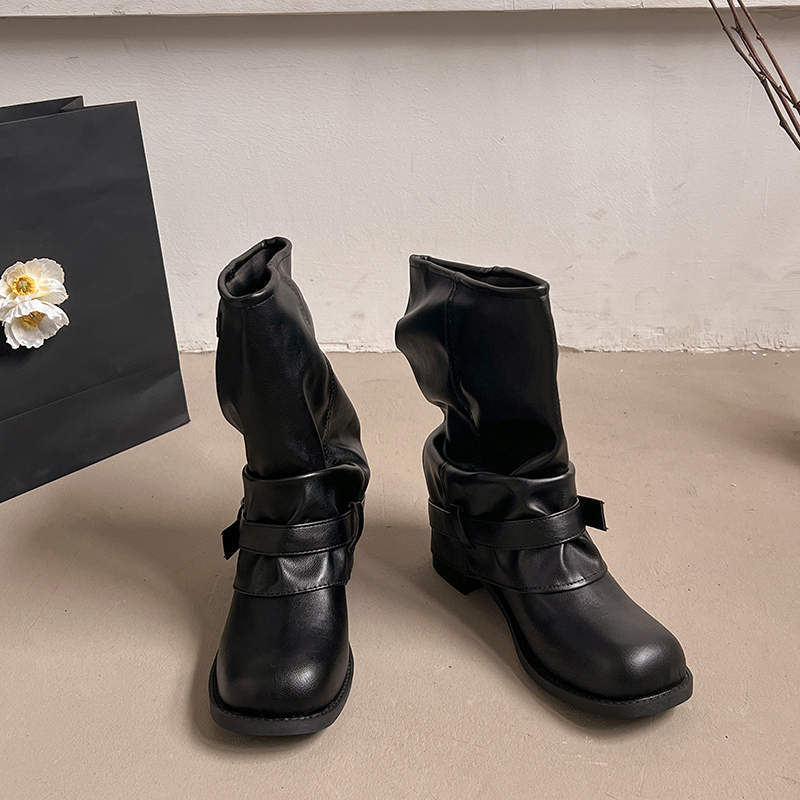 Western Jeans Tube Boots Women's Pleated Pile Black Wipe Round Head Vintage Thick Heel Knight Martin Boots Women's