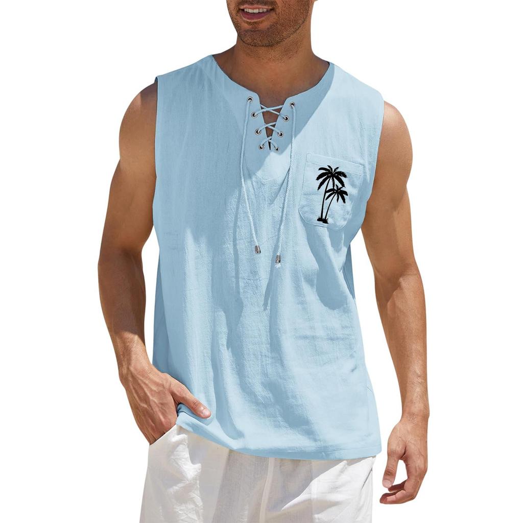 Men's Hawaiian Print Tank Top - Casual Loose Fit Sleeveless Tie Front, Hawaiian Floral Pattern Summer Beach Vacation Outdoor Sports Travel Top