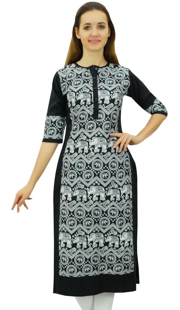Phagun Women's Designer Straight Black Kurta 3 4 Sleeve Printed Casual