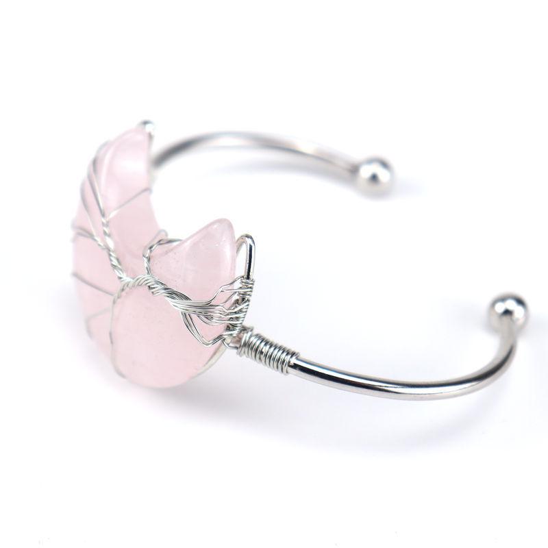 Handmade Silver Winding Tree Of Life Natural Stone Moon Bracelet Lucky Tree Bracelet B04 розовый кварц