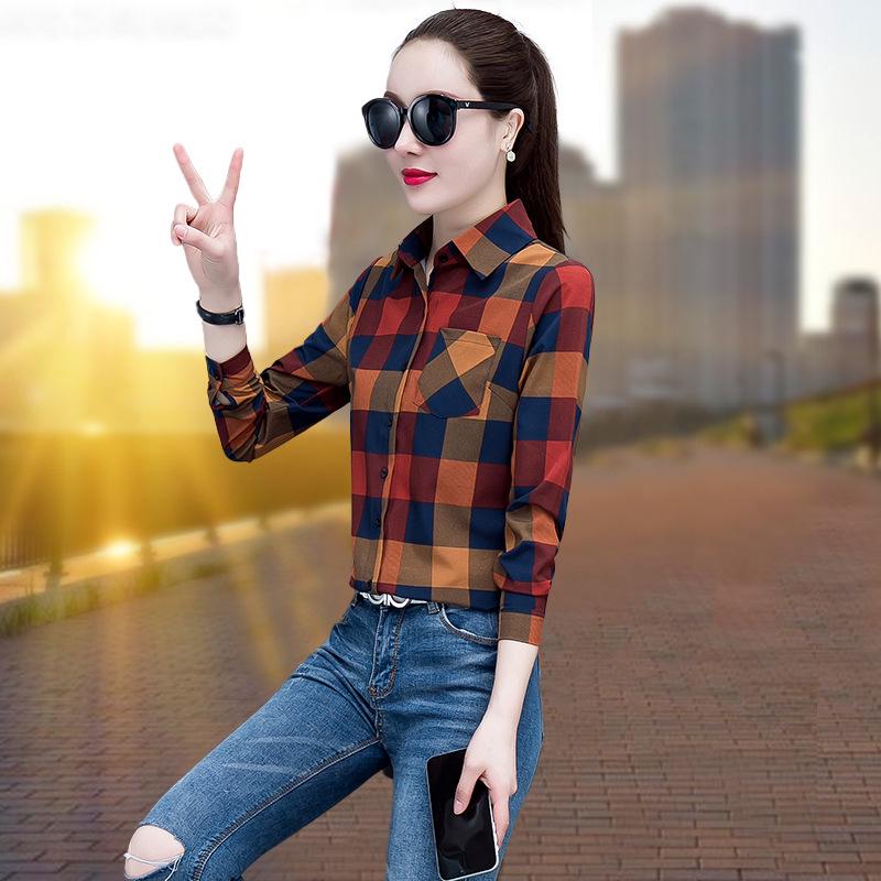 2025 Women's Korean Style Plaid Slimming Shirt - Casual Long Sleeve Print for Spring & Autumn Students