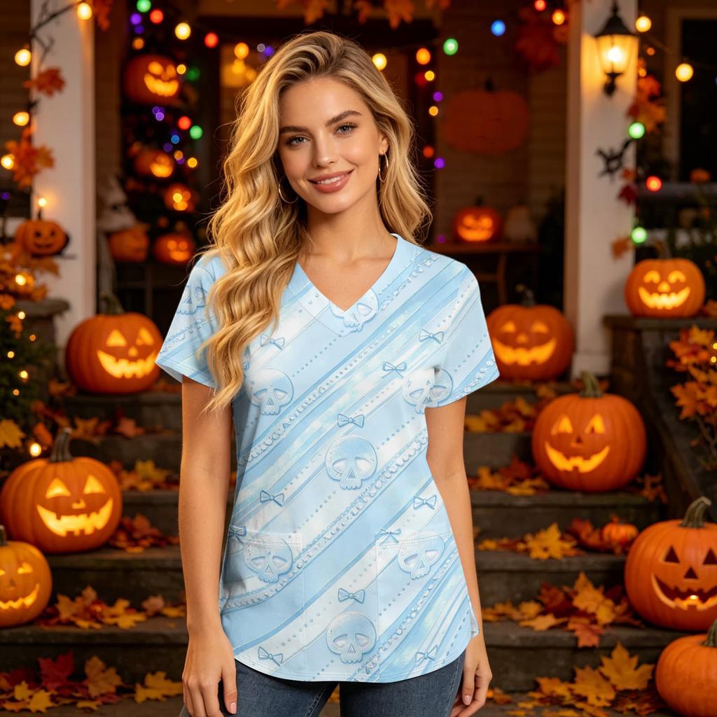 Damen V-Ausschnitt Kurzarm Arbeitshemd mit Taschen Halloween Print Pflegekraft Uniform Oberteil