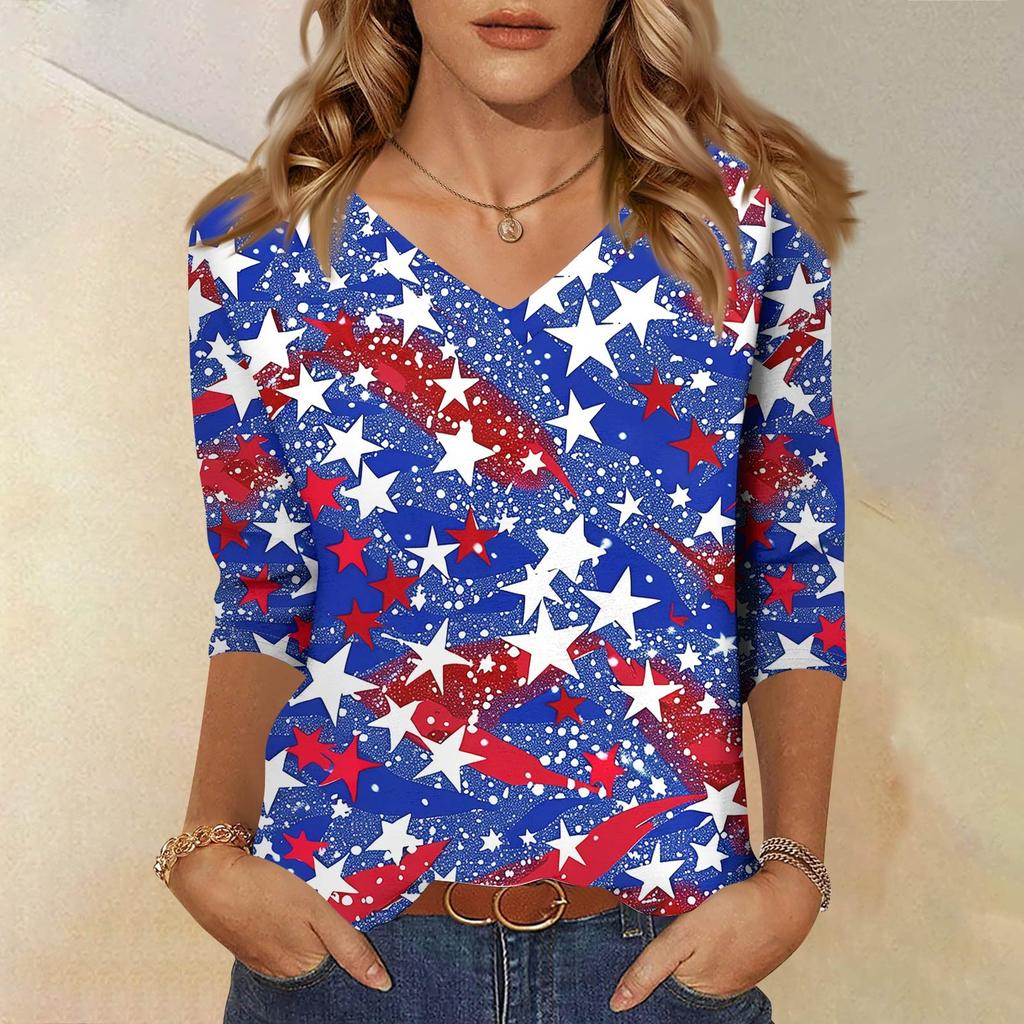 Women's Tops Three-quarter Sleeve Shirt V-neck Loose Casual Shirt Floral Print T-shirt