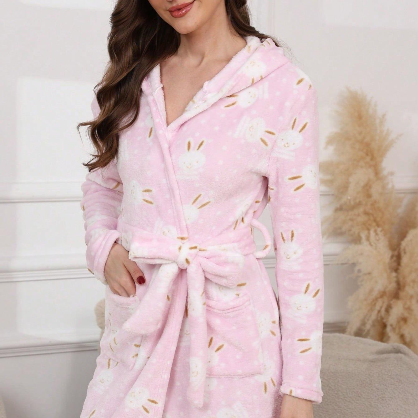 

One Piece of Women s Solid Color Hooded Robe with Belt Newyear Cozy and Warm Fleece Pajamas for Home Wear In Autumn and Winter. S
