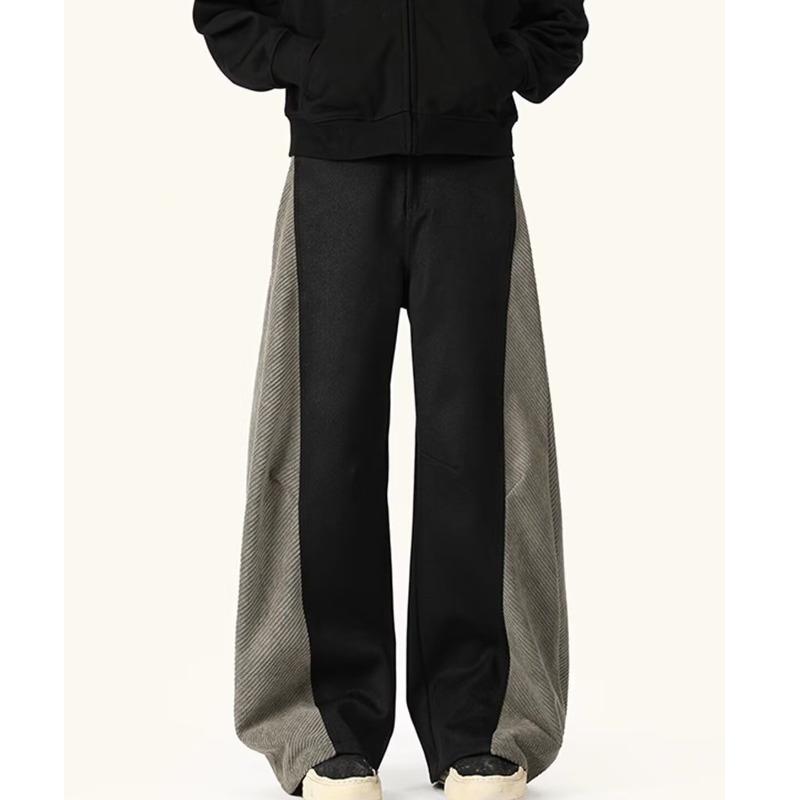 Splicing scimitar twill pants men's spring retro wide-leg pants trousers loose straight casual