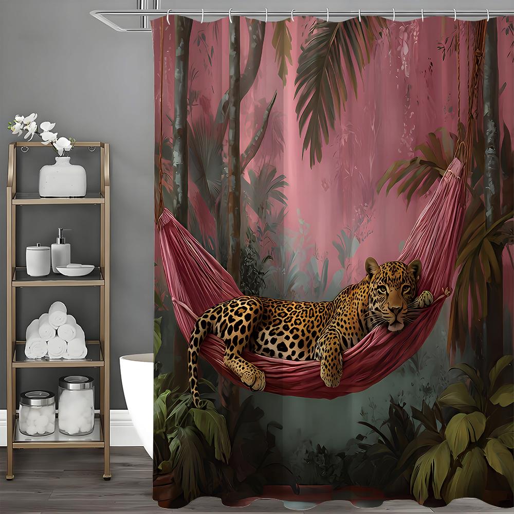 Cougar Shower Curtain with Trees Plants, Pink Background and Hanging Basket Bathroom Decorative Shower Curtain, Waterproof Showe